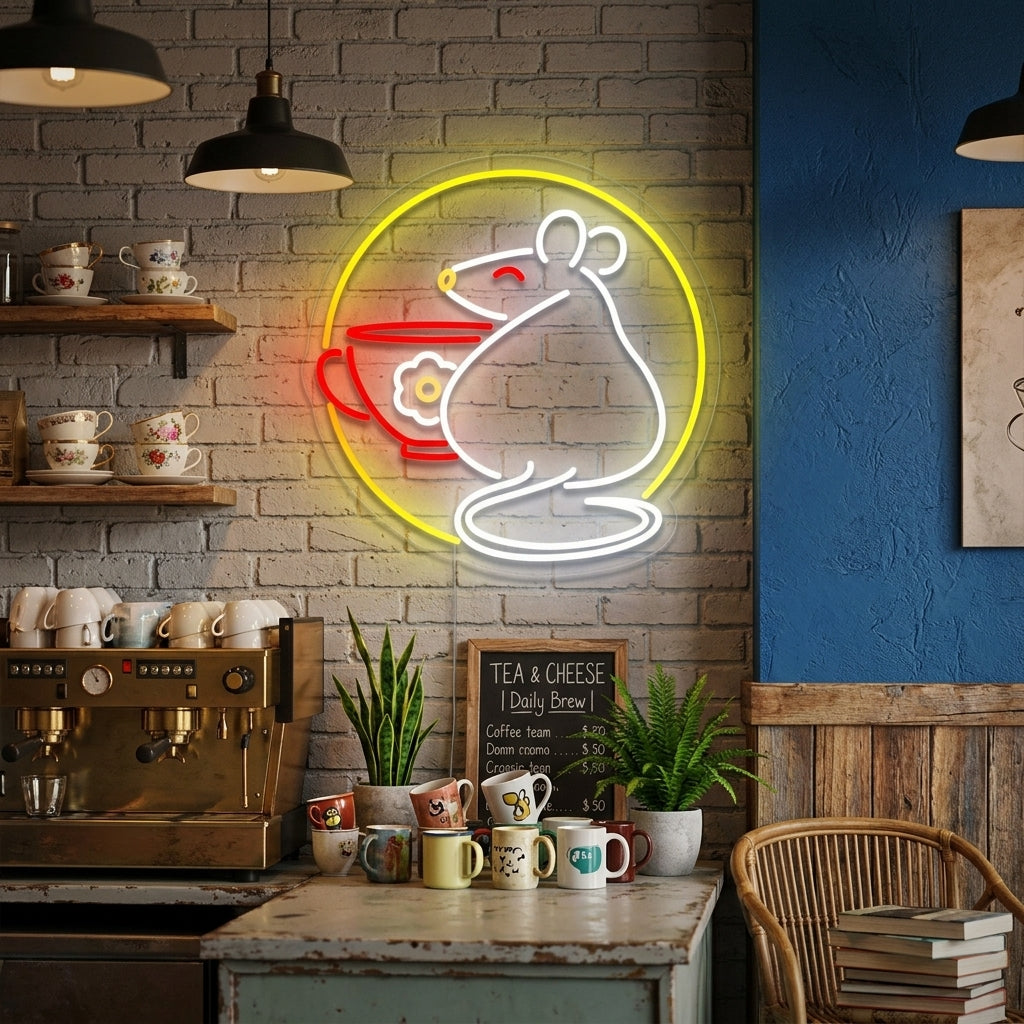 A glowing neon sign depicting a whimsical rat holding a cup or mug, displayed on a textured wall in a contemporary living space.