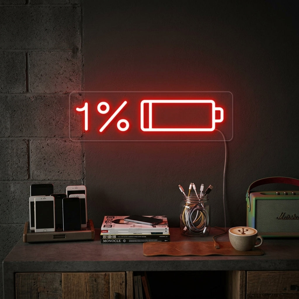 A glowing 'Low Battery' neon sign on a textured brick wall.