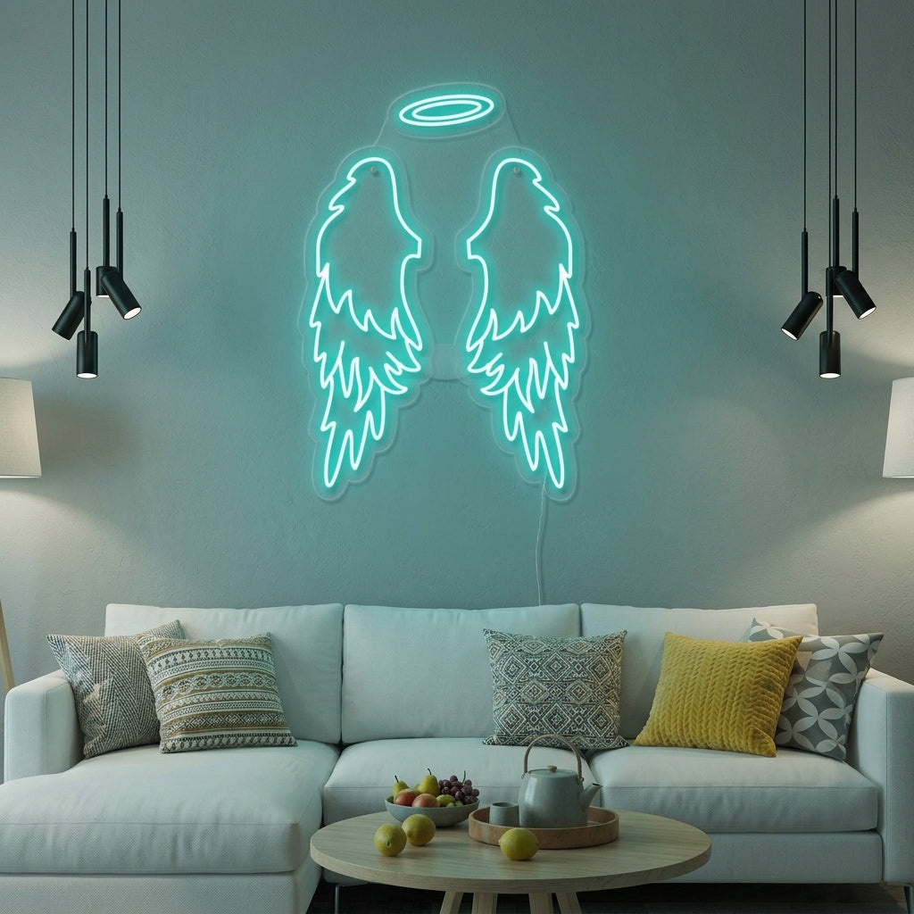 A white neon sign depicting large angel wings with a halo glowing on a bedroom wall.