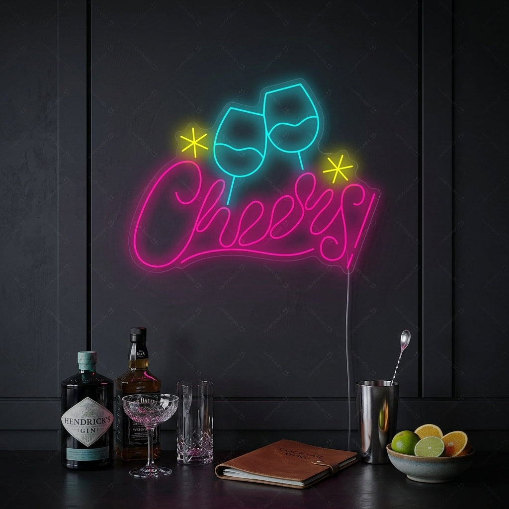 A vibrant 'Cheers' neon sign with clinking glasses glowing above a home bar setup.