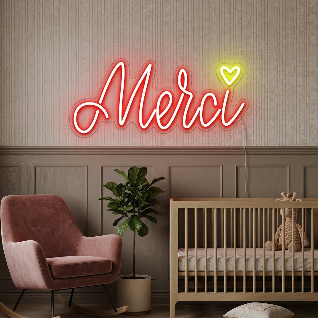 'Merci (Thanks)' neon sign glowing in a stylish living room setting over a modern credenza.