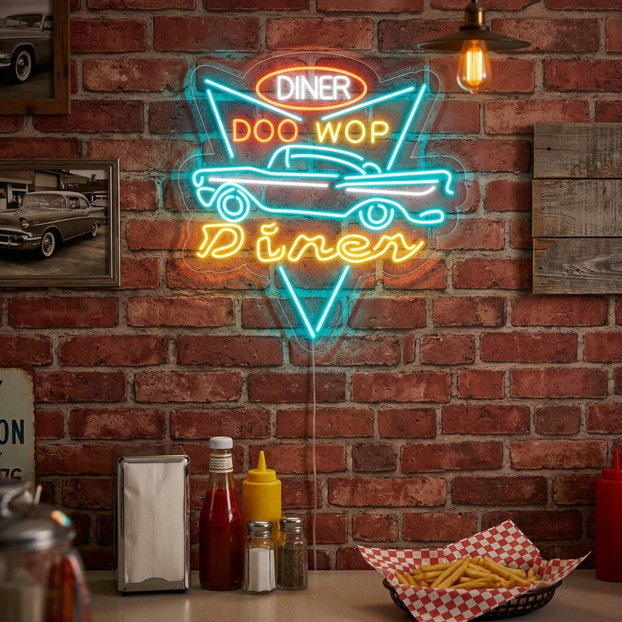 Retro DINER DRIVE THROUGH Neon Sign glowing red in a vintage diner setting, illuminating the interior