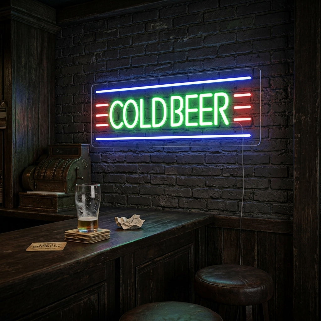 A vibrant 'Cold Beer' neon sign glowing in white and orange script on a brick wall above a cozy home bar setting.