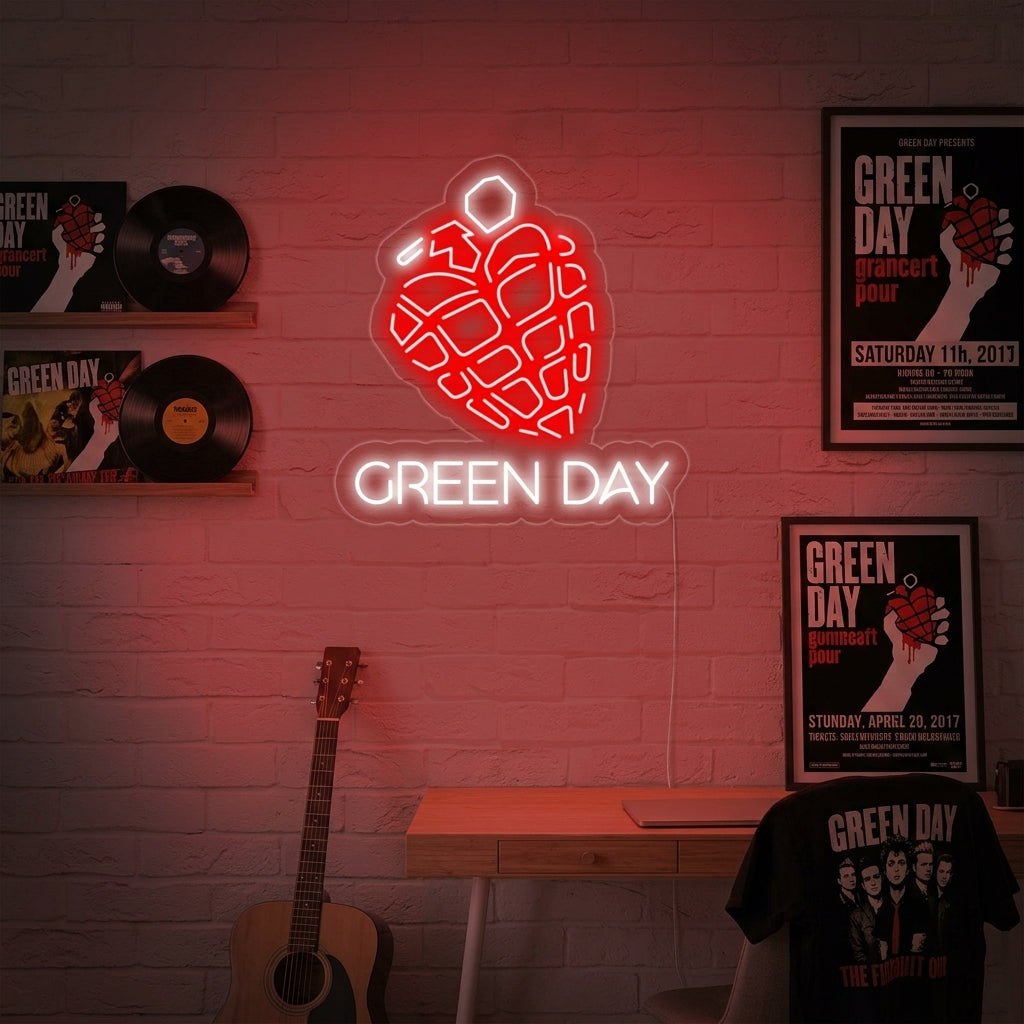 Green Day neon sign displayed on a dark wall above a sofa
