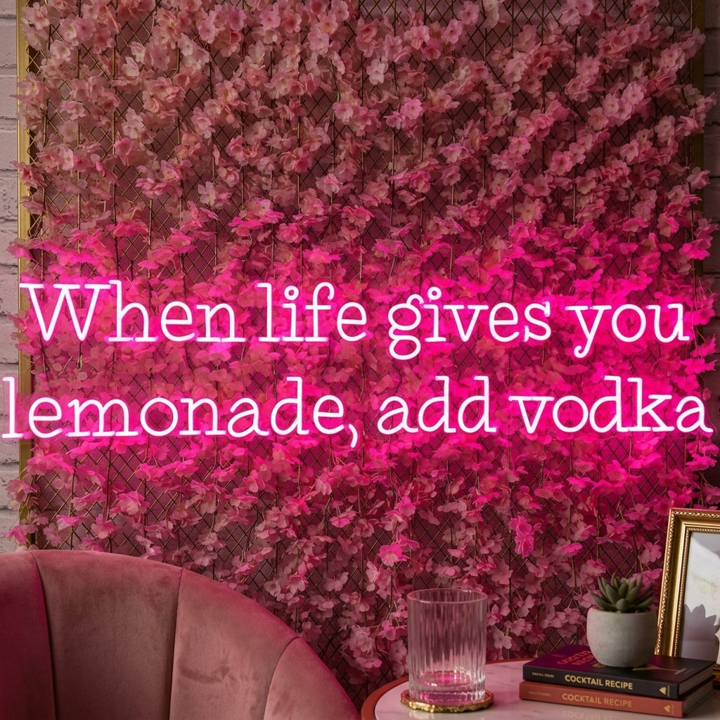 A vibrant 'When Life Gives You Lemonade Add Vodka' neon sign glowing on a wall, adding a fun touch to the room's decor.