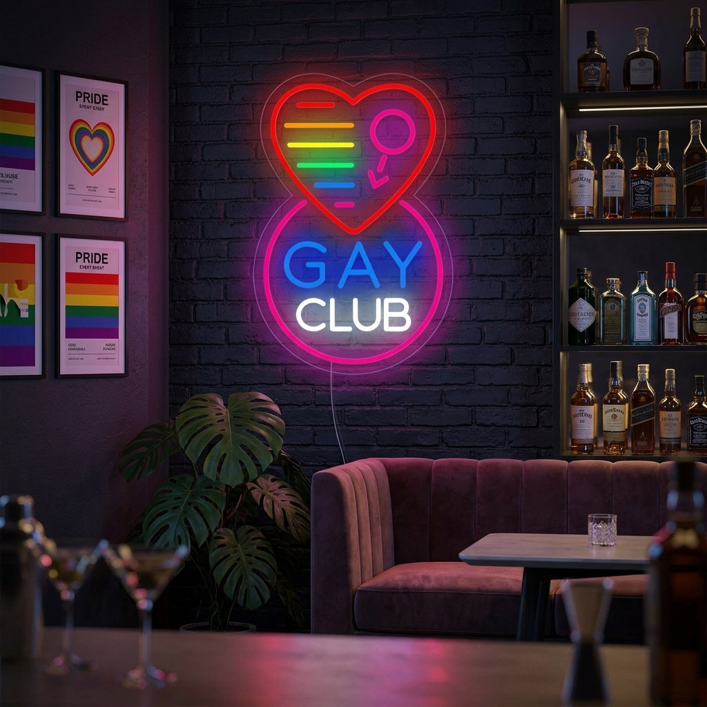 A vibrant 'LGBT Gay Club' neon sign glowing on a textured brick wall within a stylish, modern lounge setting.