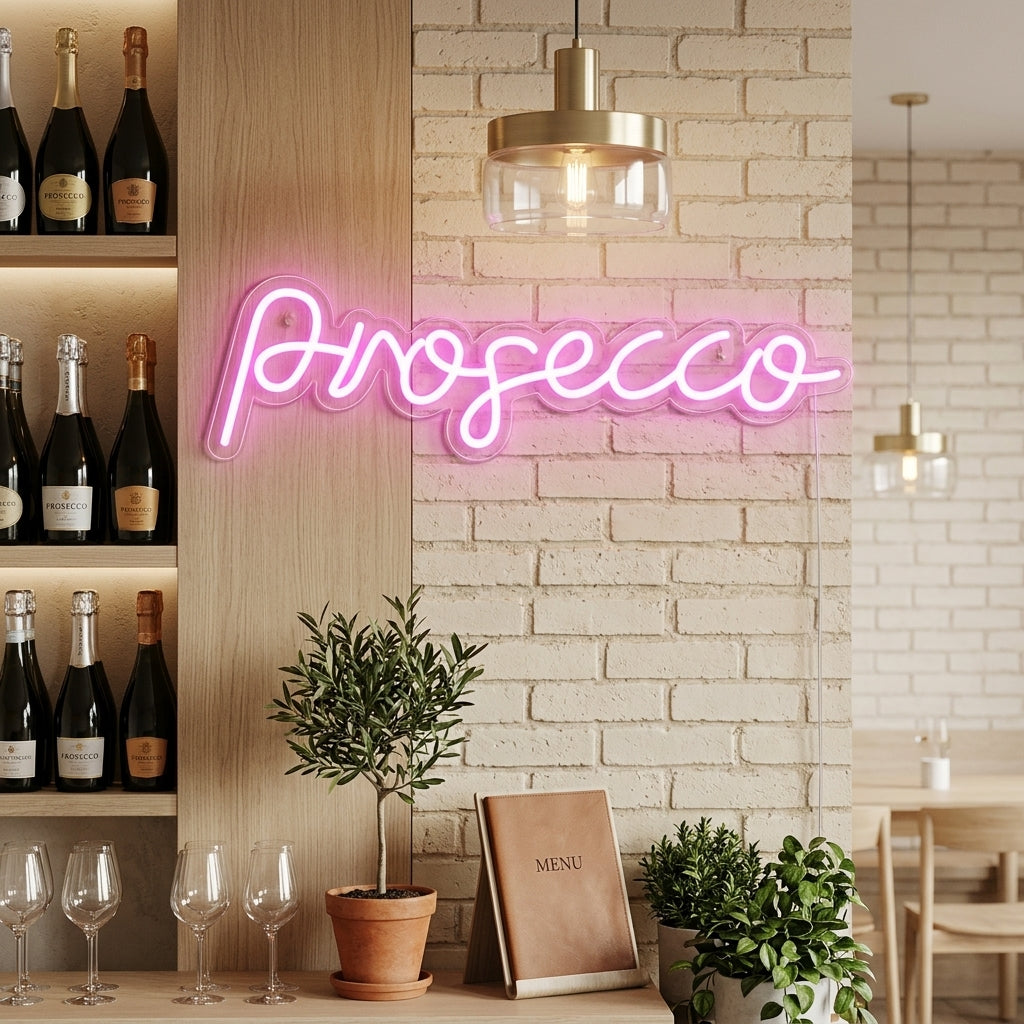 A vibrant 'Prosecco' neon sign glowing on a stylish wall in a well-decorated bar or lounge area.