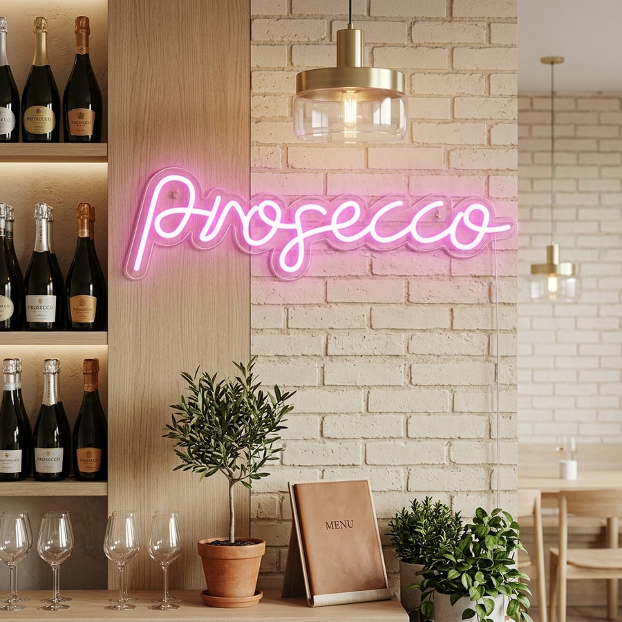 A vibrant 'Prosecco' neon sign glowing on a stylish wall in a well-decorated bar or lounge area.