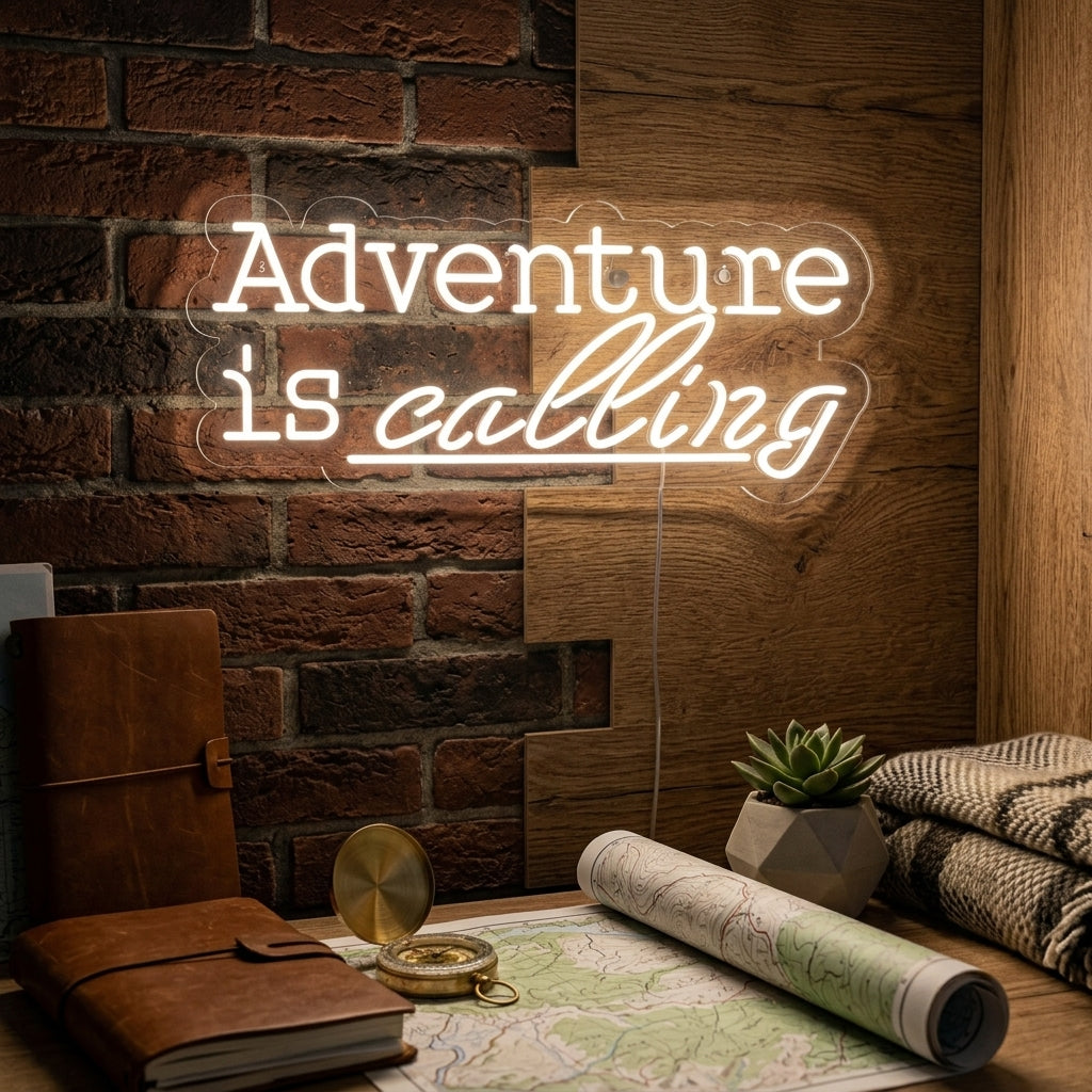 A cozy living room featuring the illuminated 'Adventure is Calling' neon sign on a textured wall.
