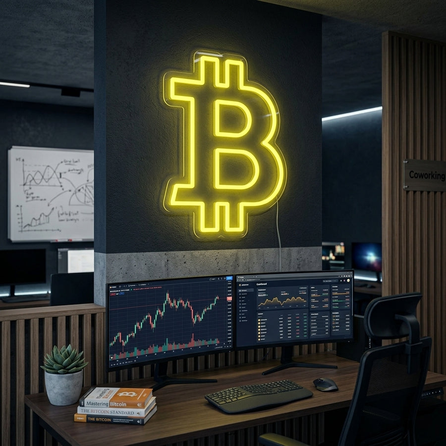 A glowing orange Bitcoin 'B' logo neon sign mounted on a textured blue brick wall in a modern office or living room setting.