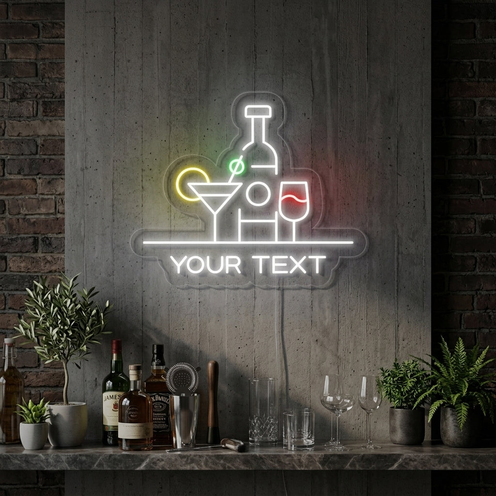 A vibrant 'Custom Cocktails Bar' neon sign illuminated above a modern home bar counter with cocktail ingredients.
