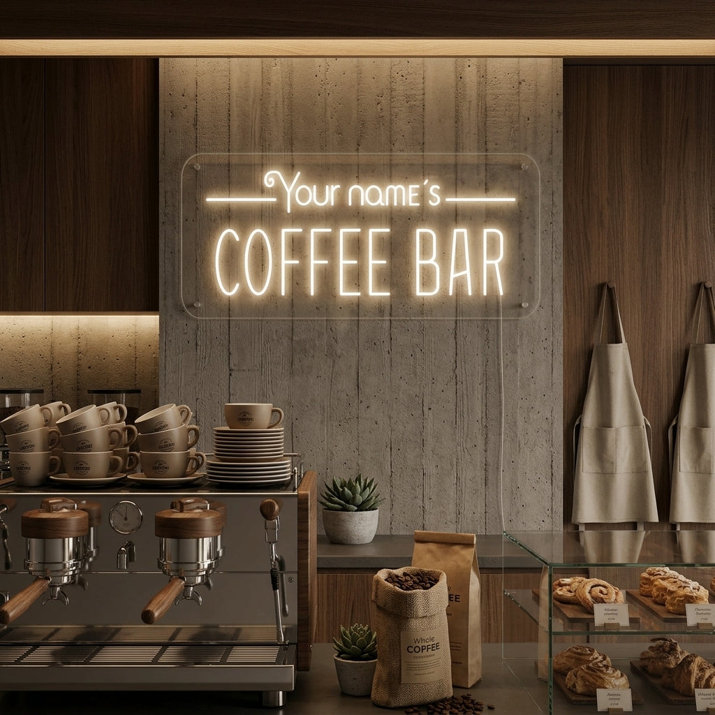 A glowing 'Custom Coffee Bar' neon sign mounted on a brick wall above a cozy home coffee station.