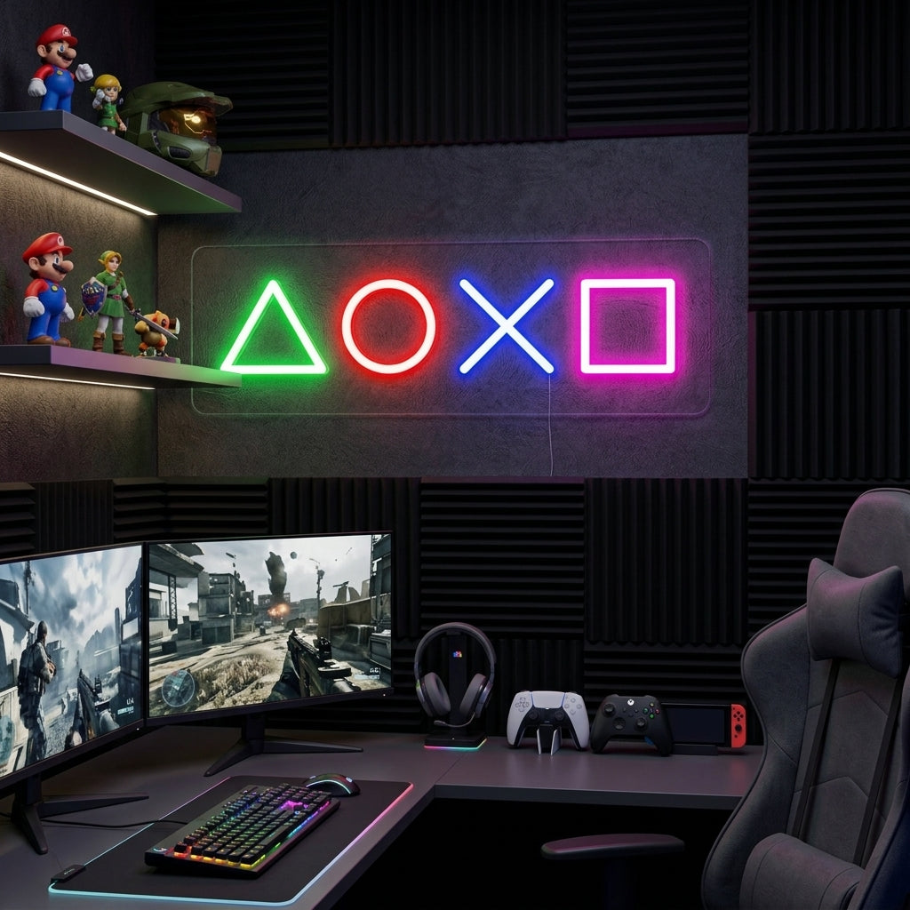 A glowing blue 'PLAY' neon sign with geometric controller icons displayed above a modern gaming desk set up with multiple monitors and a comfortable chair in a dimly lit room.
