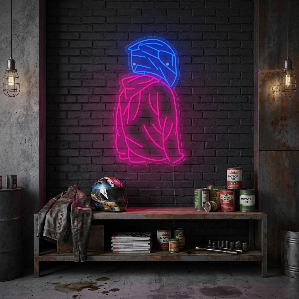 A vibrant glowing neon sign depicting a silhouette of a motorcyclist in motion, mounted on a rustic wood plank wall in a cozy garage setting with tools and parts visible.