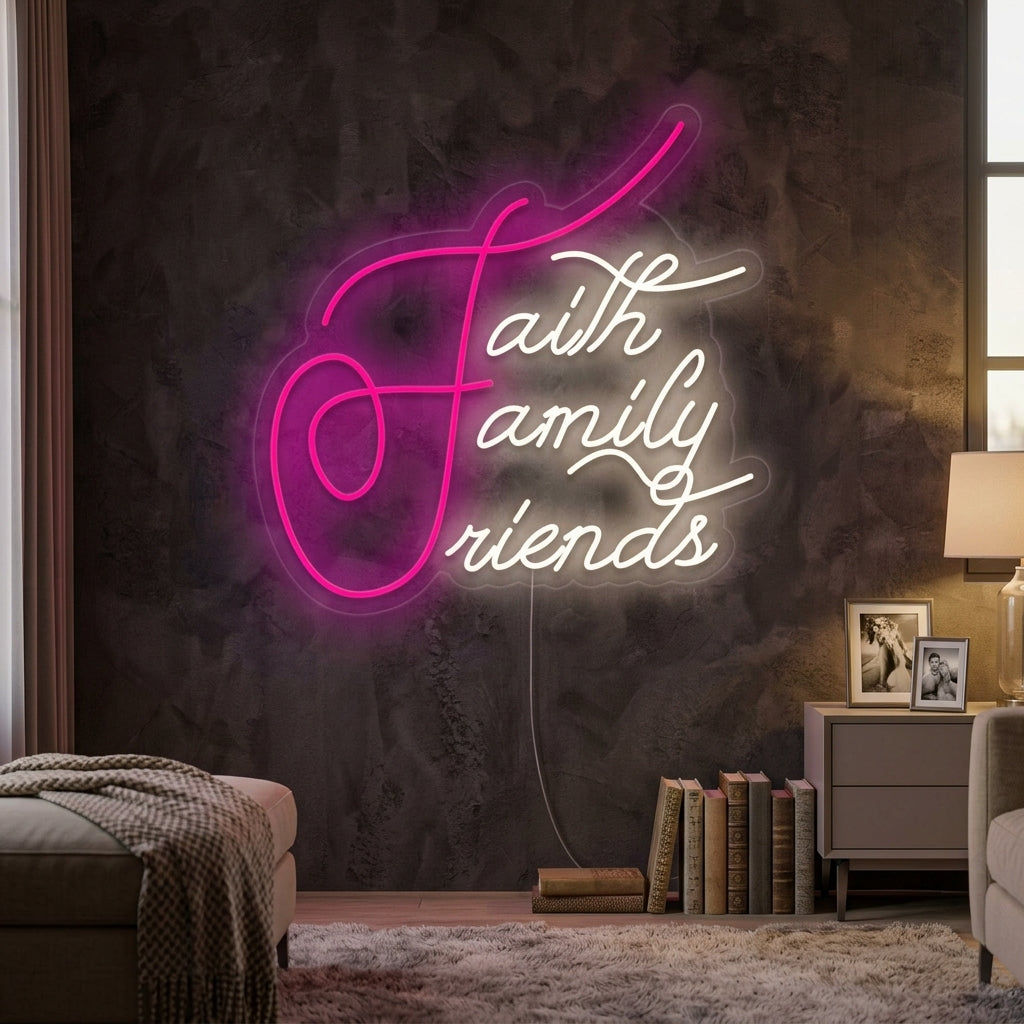 Handcrafted glowing white "Faith Family Friends" neon sign mounted on a textured brick wall above a cozy living room couch.