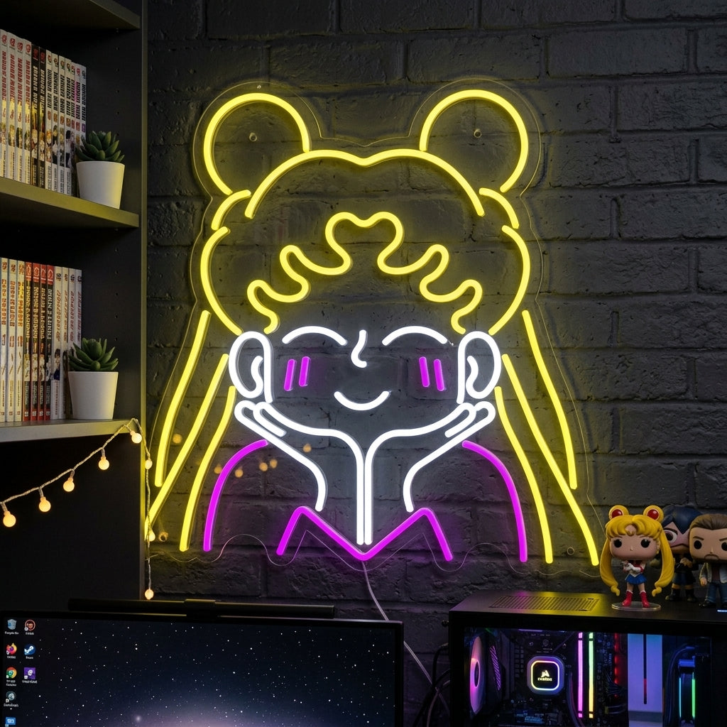 A lifestyle photo showing the Sailor Moon neon sign mounted and glowing on a wall in a furnished room.