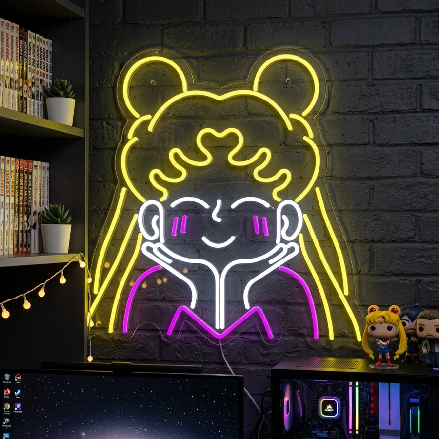 A lifestyle photo showing the Sailor Moon neon sign mounted and glowing on a wall in a furnished room.