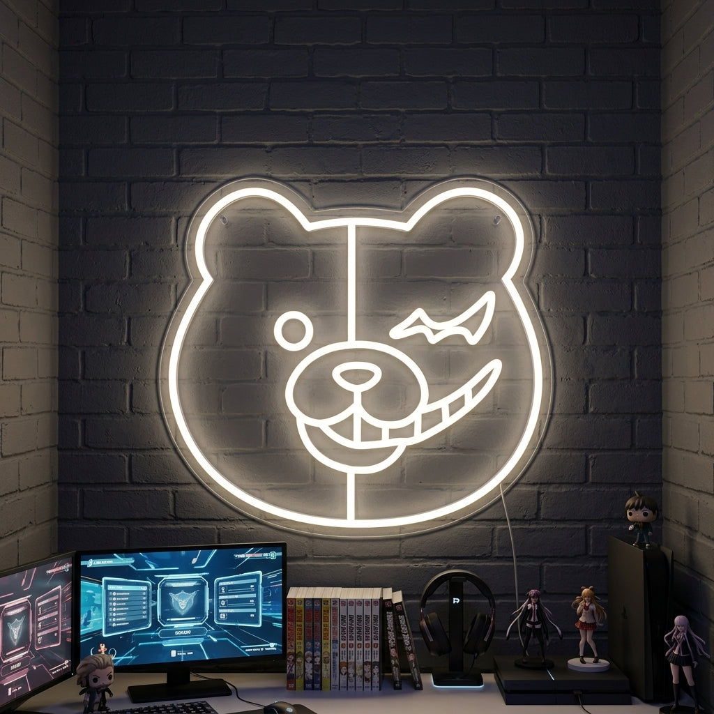 A Monokuma neon sign glowing brightly on a brick wall, showcasing the split black and white design with a signature menacing red eye, creating an atmospheric gaming setup.