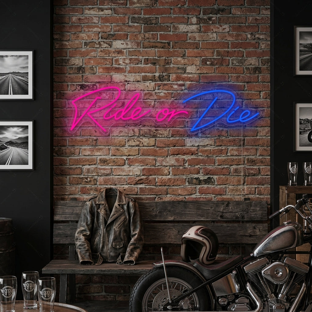 Ride Or Die neon sign glowing in a stylish living area above a sofa and side table.