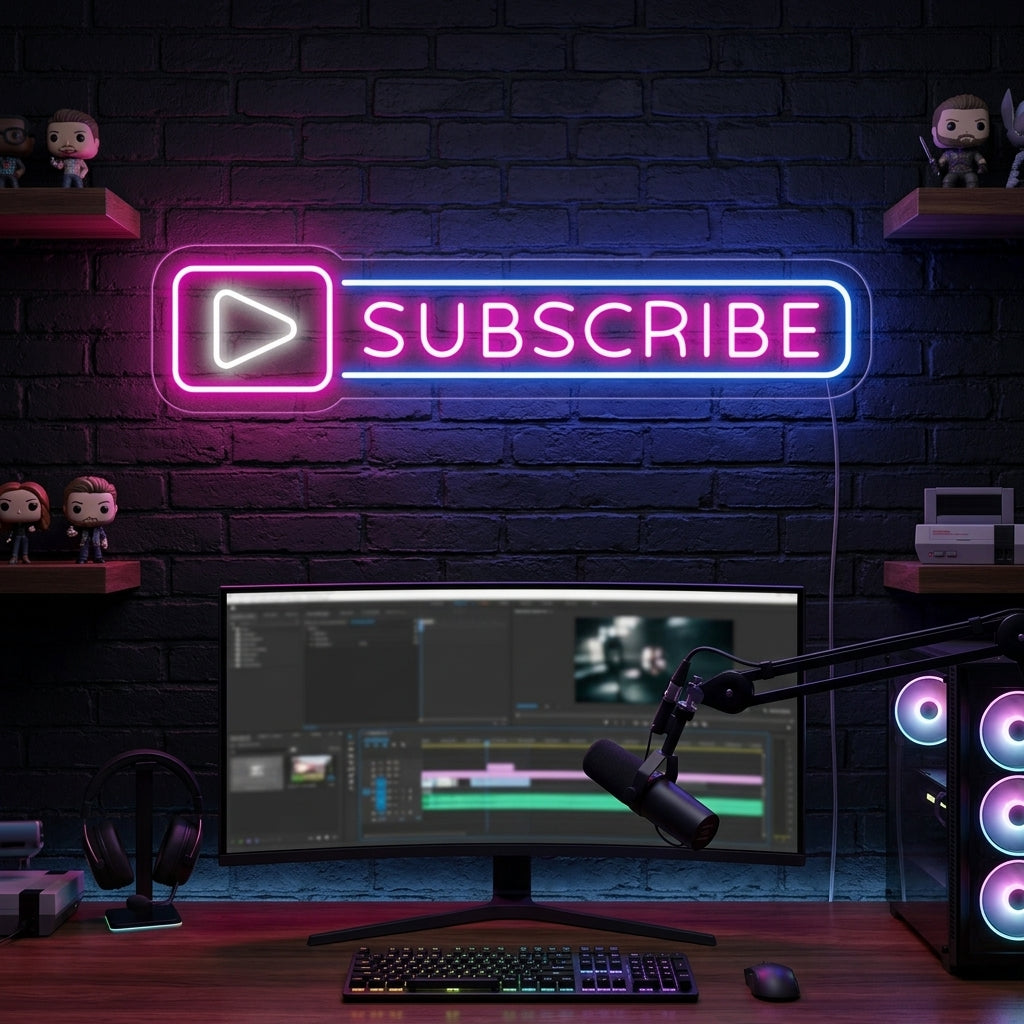 A glowing neon wall sign styled as a YouTube Subscribe button, mounted on a textured brick wall.