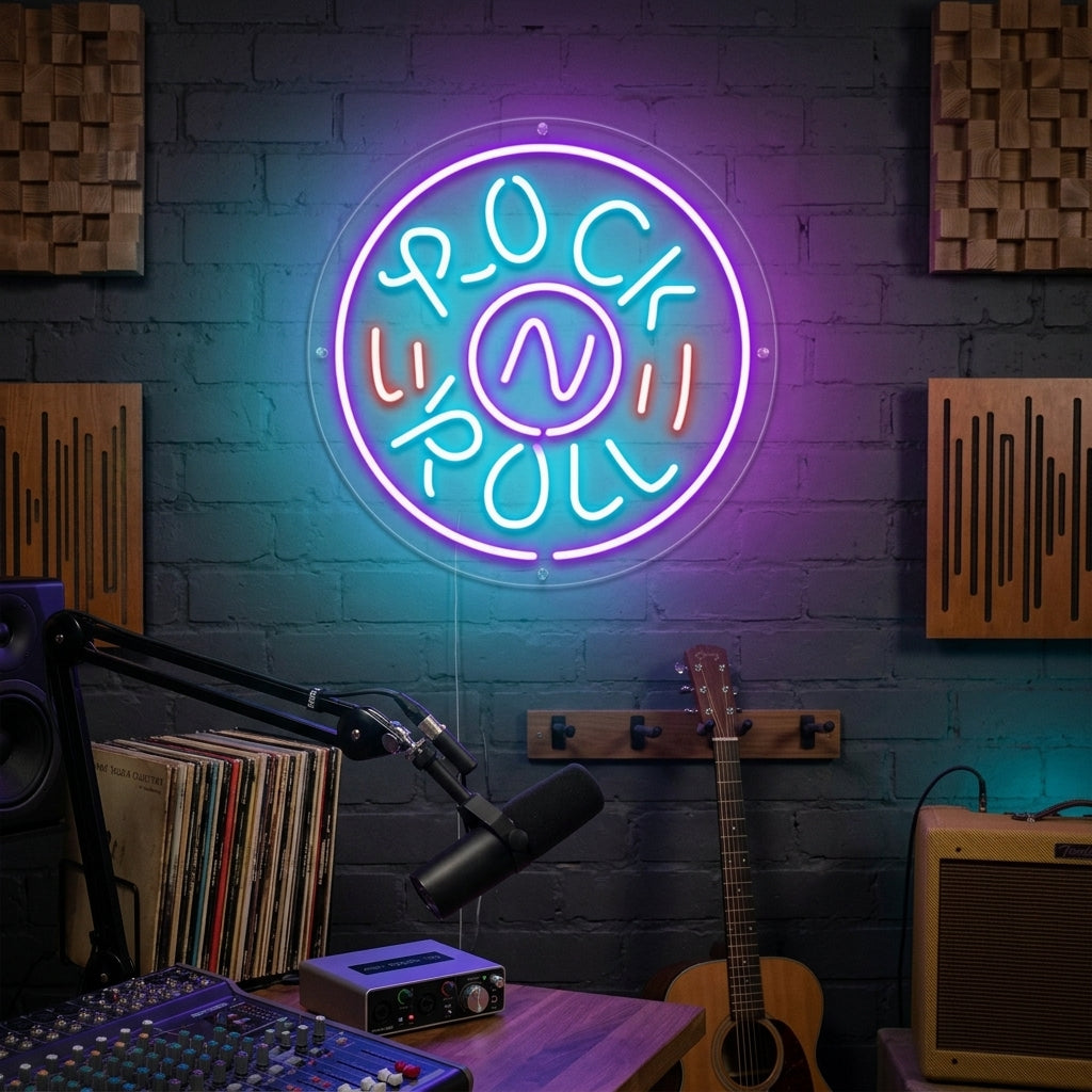 A vibrant neon sign that reads 'ROCK And N ROLL LIVE MUSIC PARTY' glowing with blue, red, and yellow light, mounted on a dark textured wall next to a drum set, amplifiers, and acoustic guitars in a lively music-themed room.