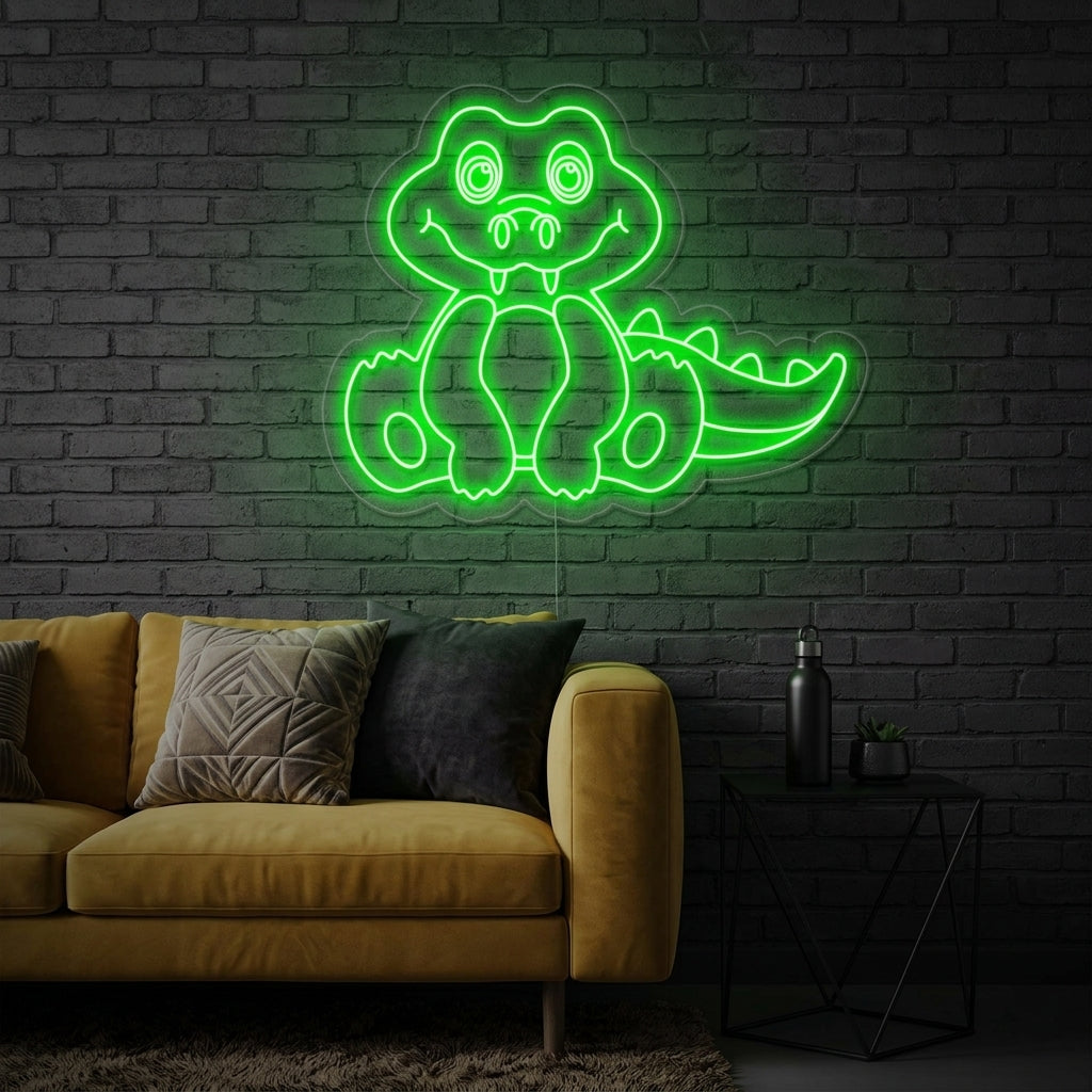 A glowing alligator neon sign mounted on a dark, textured wall above a plush armchair in a modern living room setting.