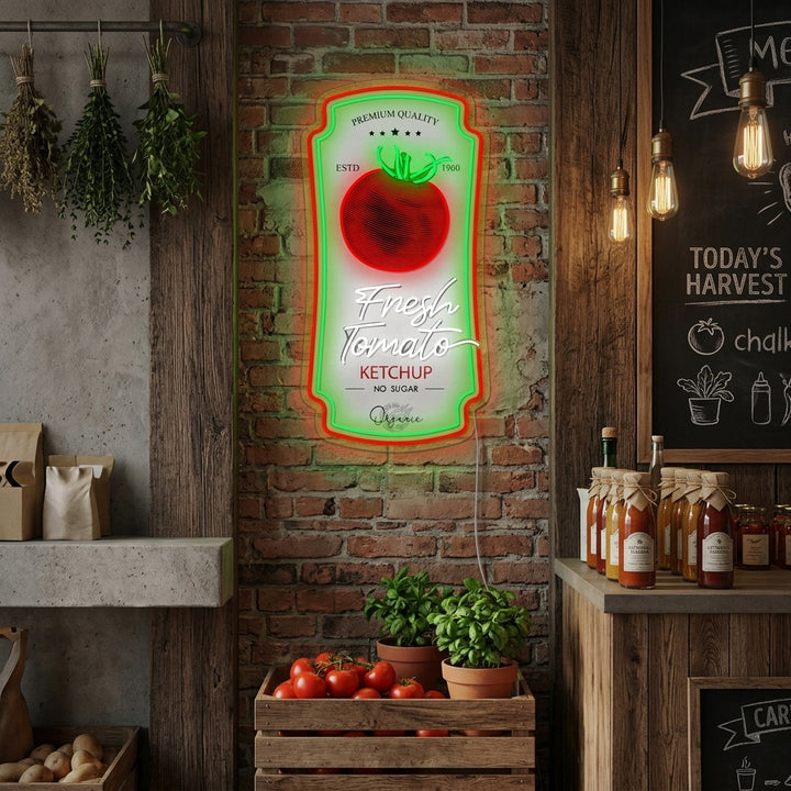 A 'Tomato Ketchup Sauce Badge' neon sign mounted on a brick wall, illuminated in a cozy kitchen setting with light wood shelves.