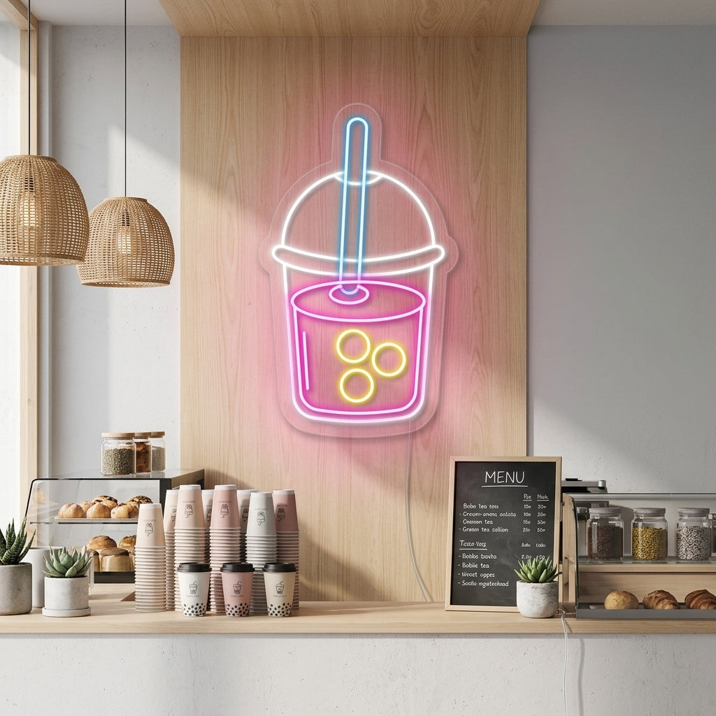 A lifestyle photo of a colorful 'Boba Tea Cup' neon sign glowing on a textured brick wall in a cozy bubble tea shop or room setting.
