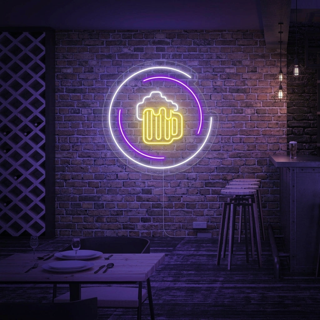 A glowing yellow neon sign in the shape of a foaming beer mug, displayed on a textured dark wall in a dimly lit bar setting with blurred seating and bottles in the background.