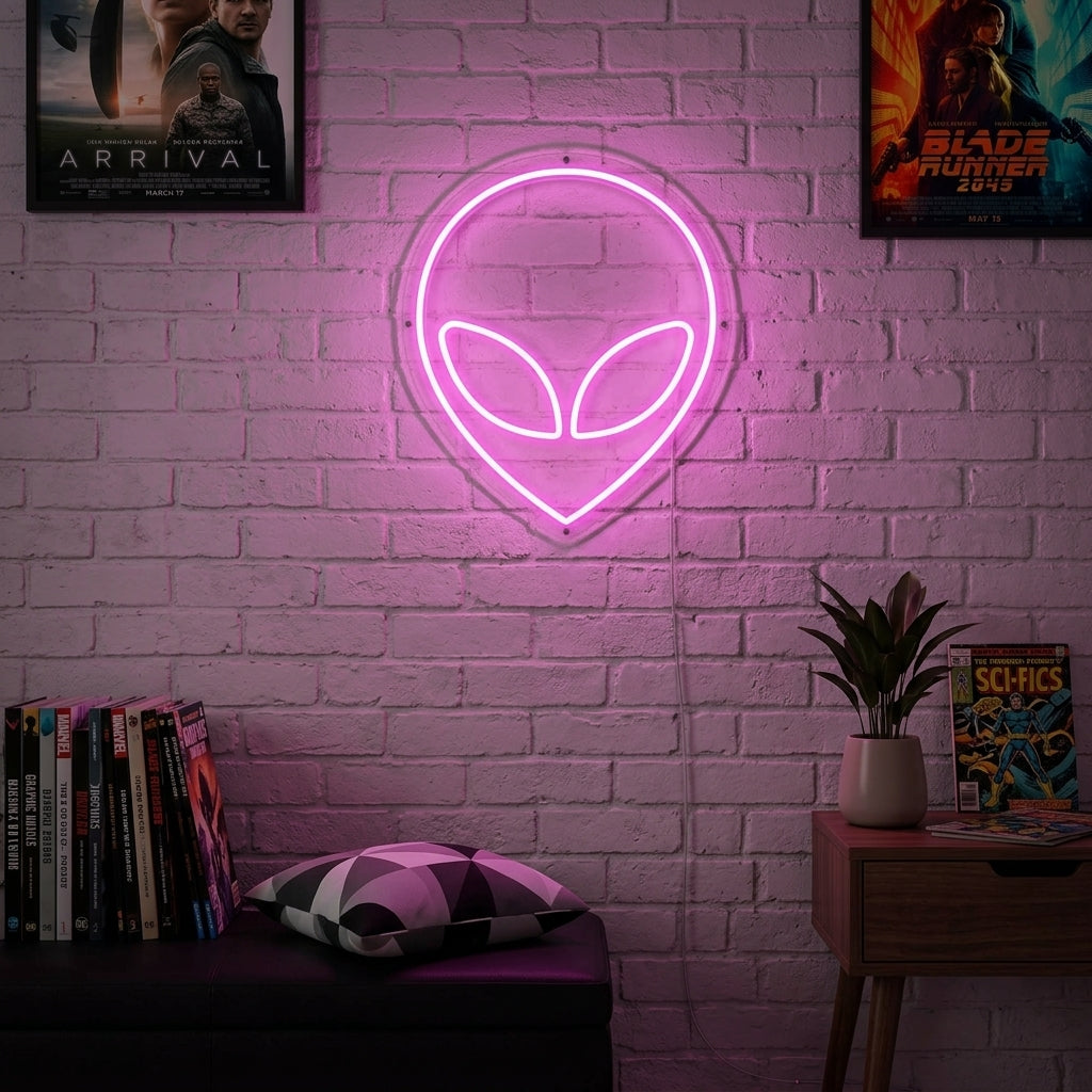 A glowing green Alien neon sign depicting an extraterrestrial head, mounted on a dark brick wall in a bedroom setting.