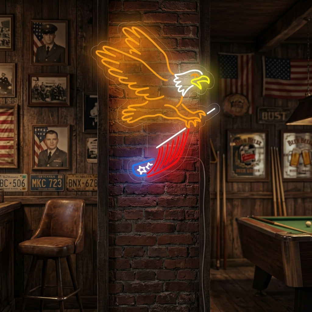 A stunning neon sign depicting a flying eagle carrying the American flag, mounted on a stone wall over a modern desk in a well-lit living room.
