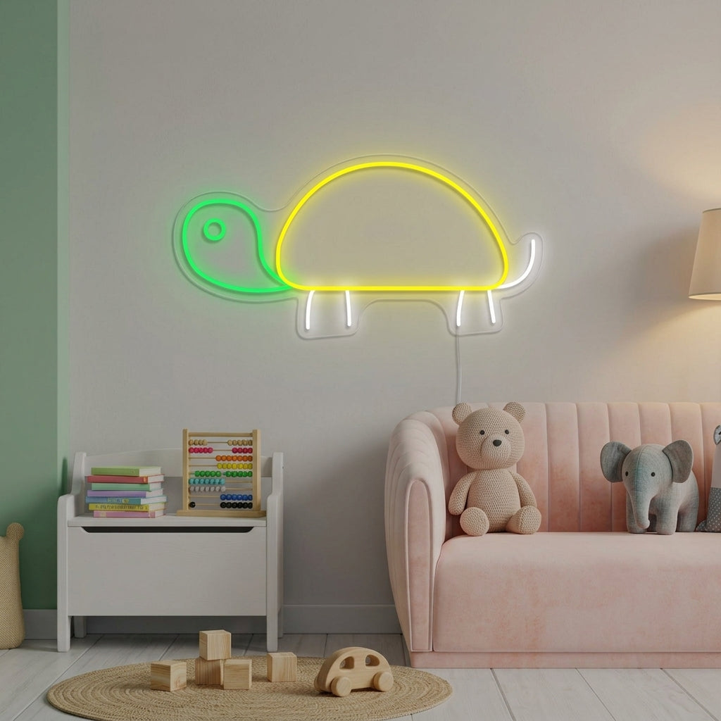 A charming glowing blue turtle neon sign mounted on a child's bedroom wall above toys.