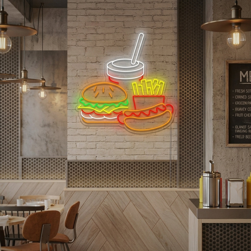 Lifestyle image showcasing a illuminated 'Hotdog And French Fries' neon sign glowing on the wall of a modern cafe or restaurant.