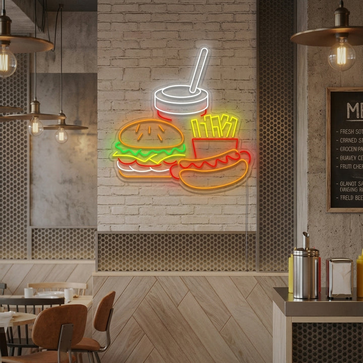 Lifestyle image showcasing a illuminated 'Hotdog And French Fries' neon sign glowing on the wall of a modern cafe or restaurant.