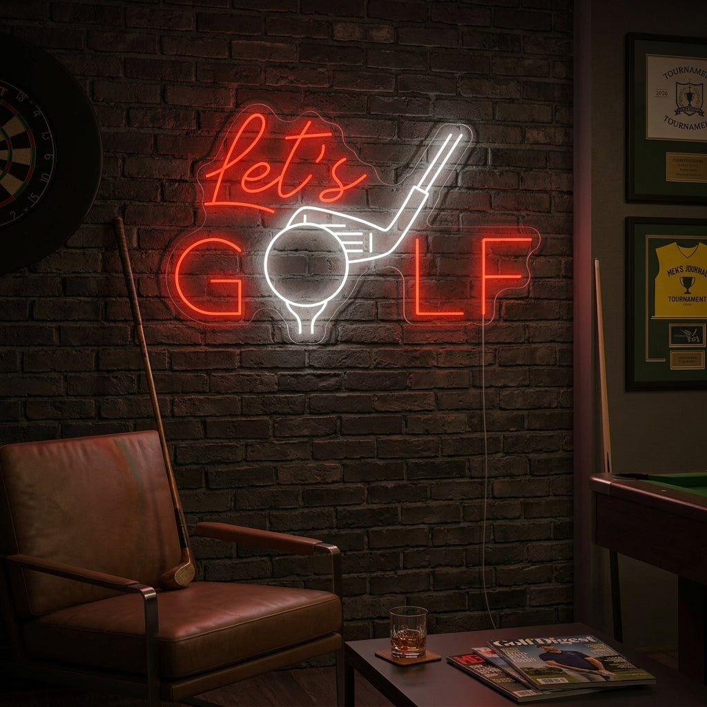 A Let's Golf neon sign featuring a golfer in mid-swing, displayed as wall art above a bar cart with golf memorabilia in a cozy man cave setting.