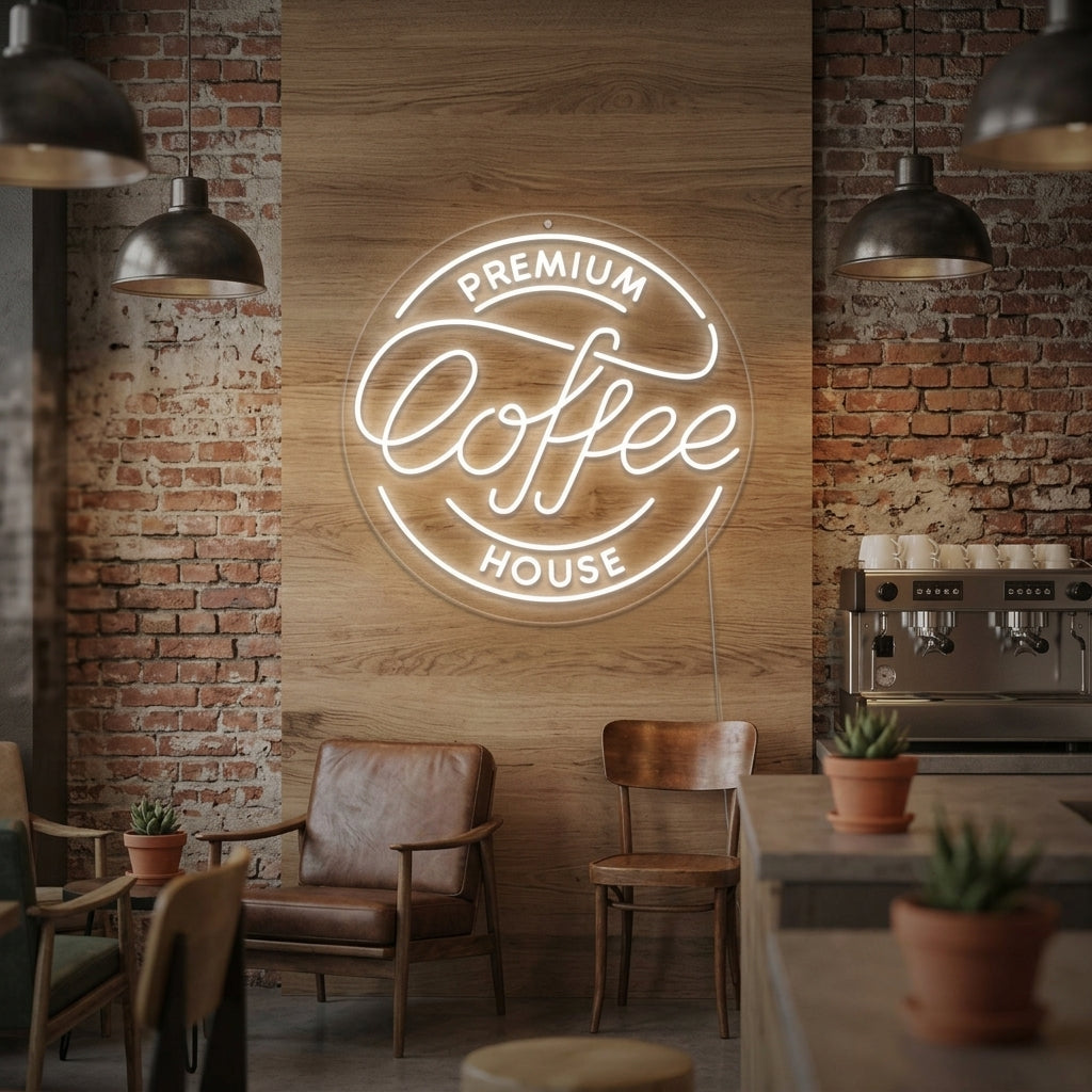 "Premium Coffee House" neon wall sign glowing with a warm ambiance in a stylish, wood-paneled coffee shop interior.