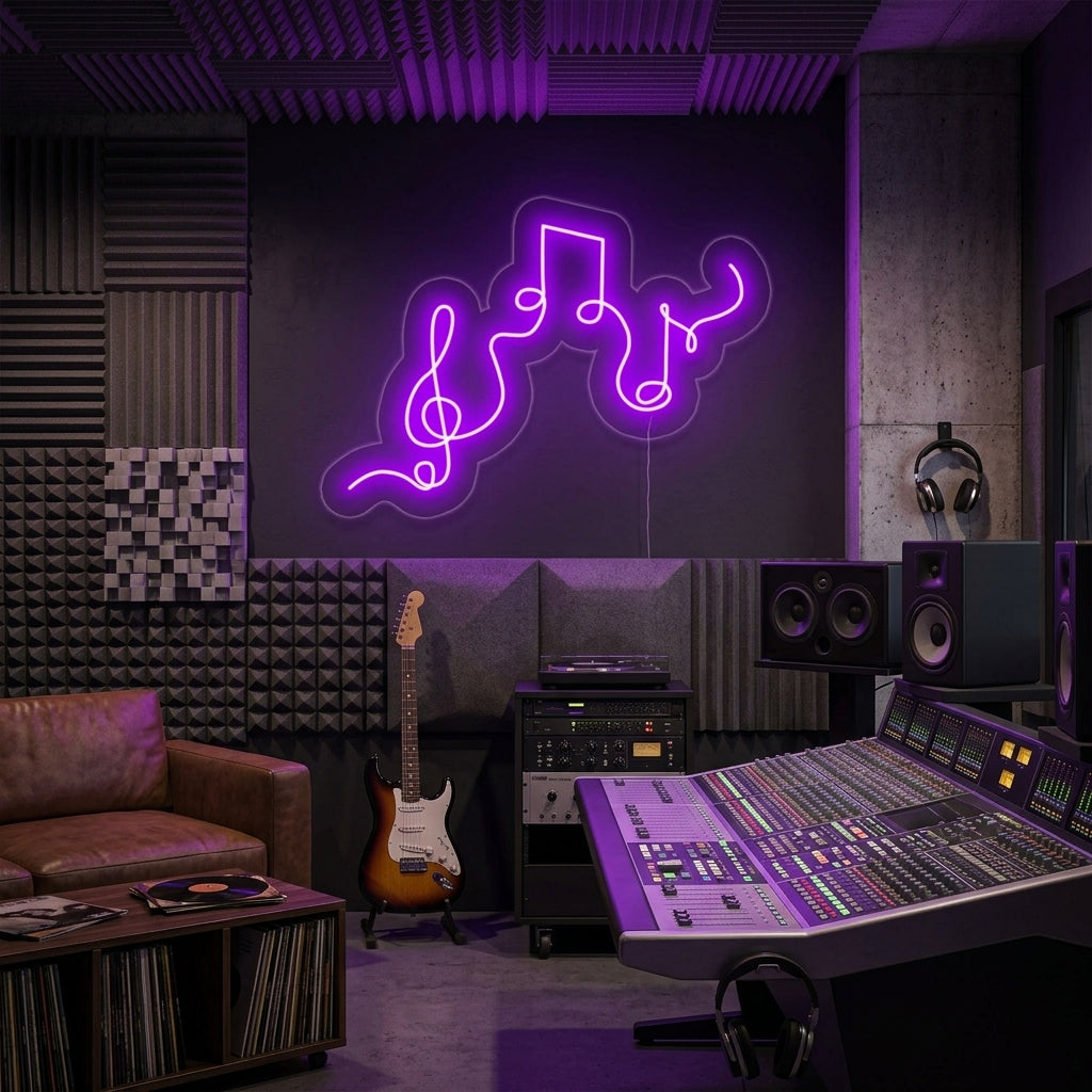 The glowing Music Notes neon sign casting vibrant warm light on a plain wall in a cozy room, creating a creative ambiance.