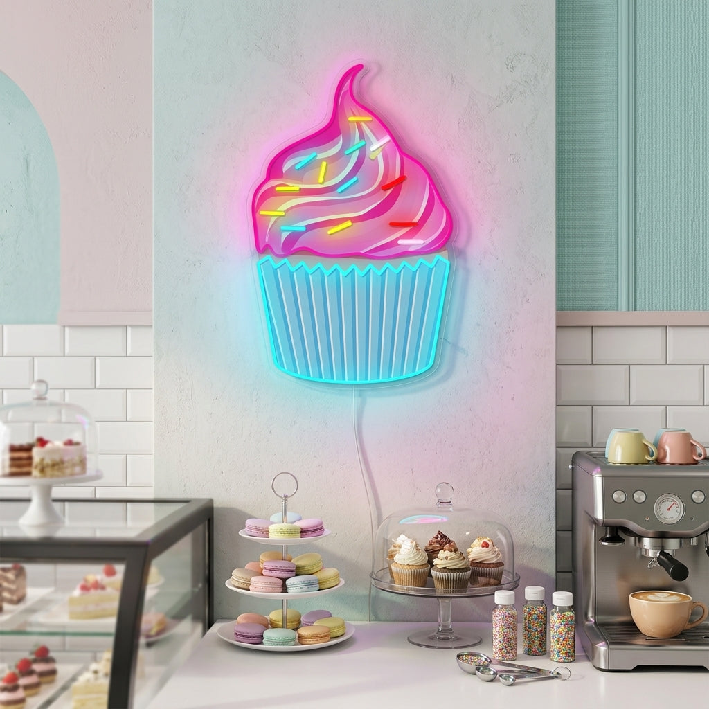 A vibrant UV printed cupcake neon sign glowing on a textured white wall in a modern bakery or kitchen setting.