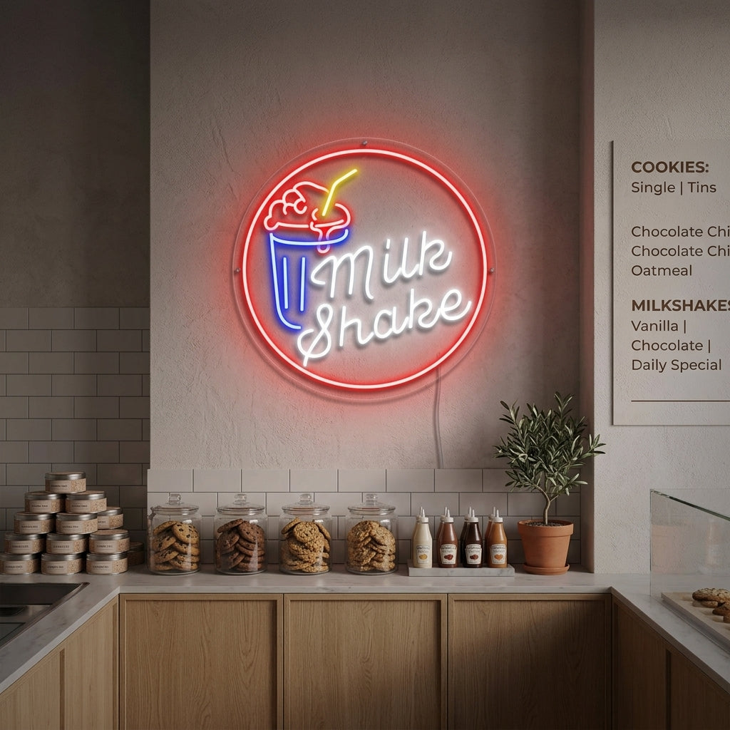 A vibrant 'Milk Shake' neon wall sign glowing with reddish-pink light in a retro-style kitchen or diner setting.