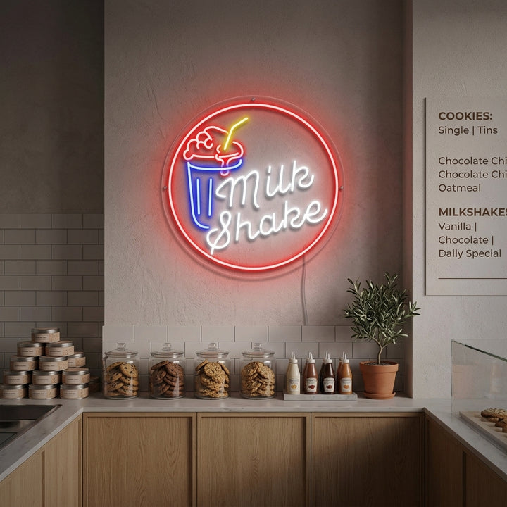 A vibrant 'Milk Shake' neon wall sign glowing with reddish-pink light in a retro-style kitchen or diner setting.