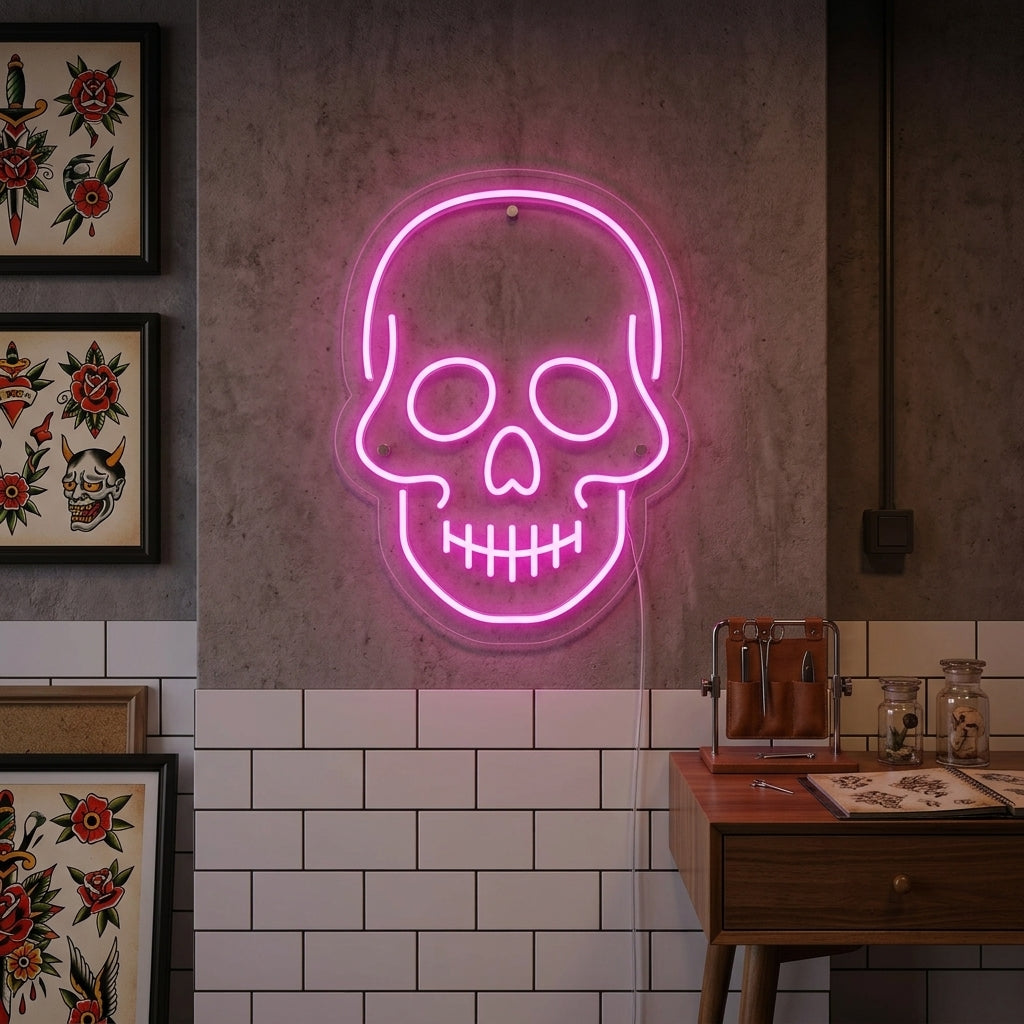 A lifestyle photo showing a glowing skull neon sign mounted on a dark textured brick wall in a well-decorated room.