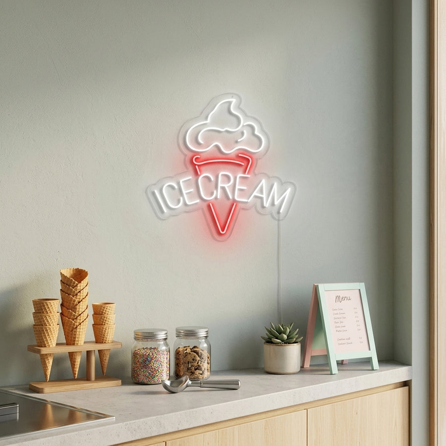 A vibrant 'Ice Cream' neon sign, depicting a stylized ice cream cone, glows brightly against a subtly textured wall, illuminating a modern, minimalist room.