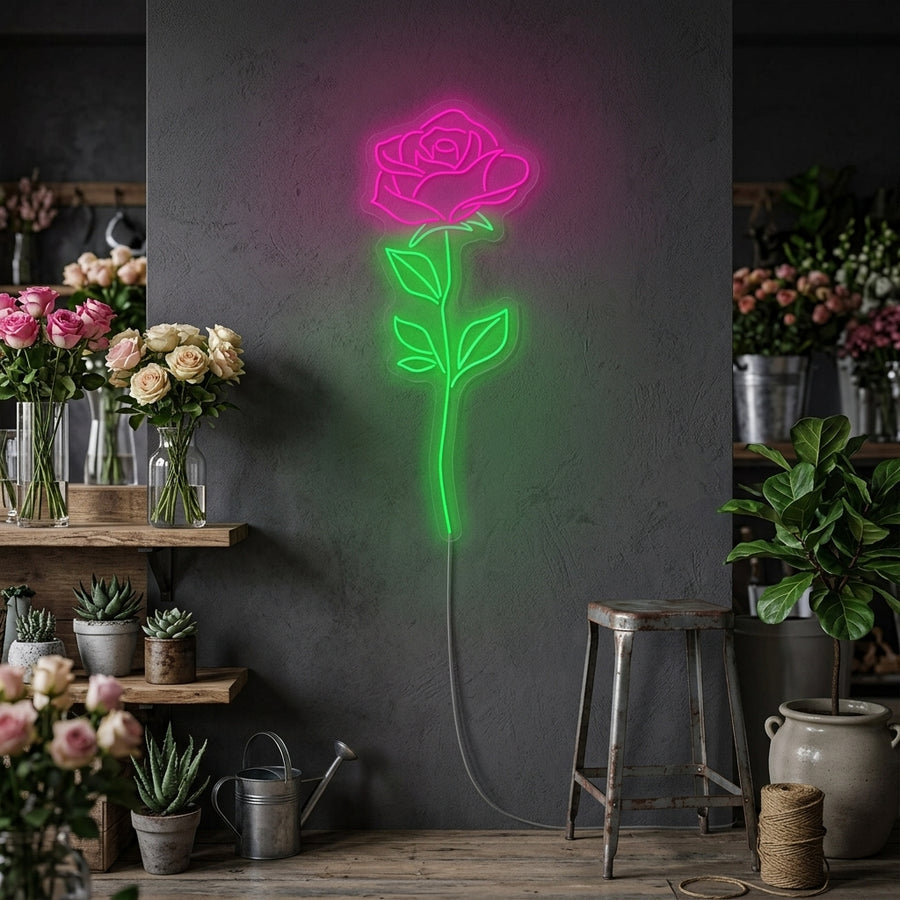 A glowing Pink Rose neon sign is mounted on a textured brick wall in a cozy room, creating a warm, decorative pink ambiance. This lifestyle shot showcases the floral sign.