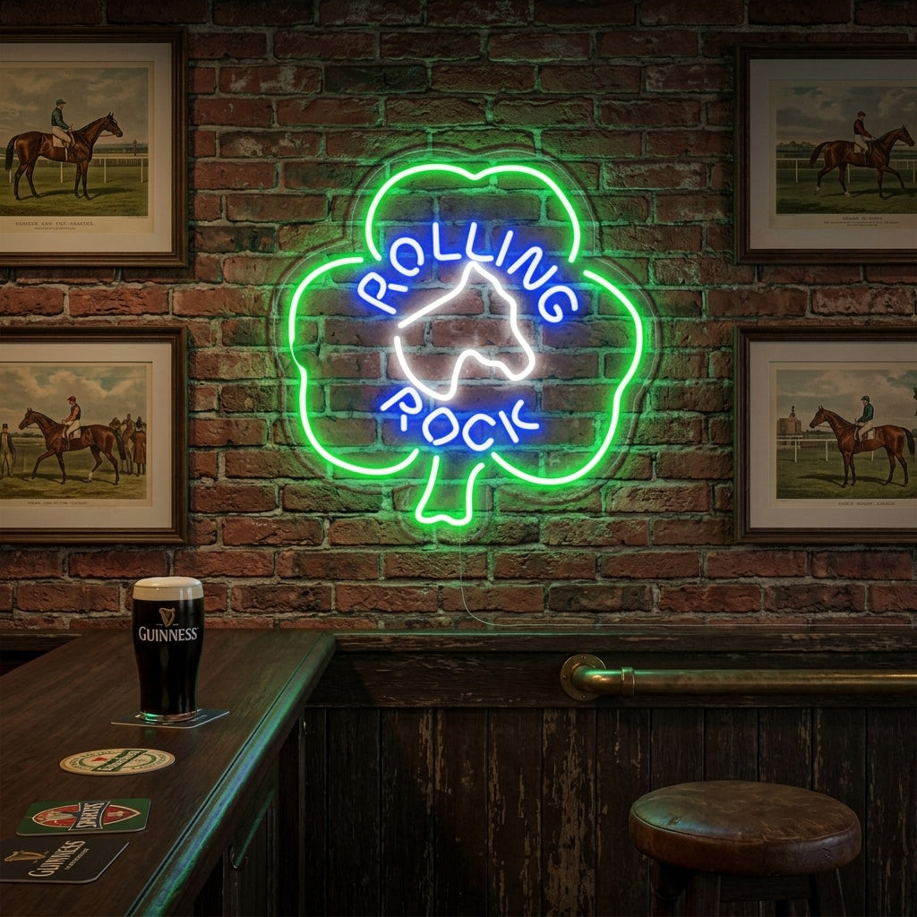 Rolling Rock Horsehead Shamrock neon sign glowing brightly on a textured wall in a home setting.