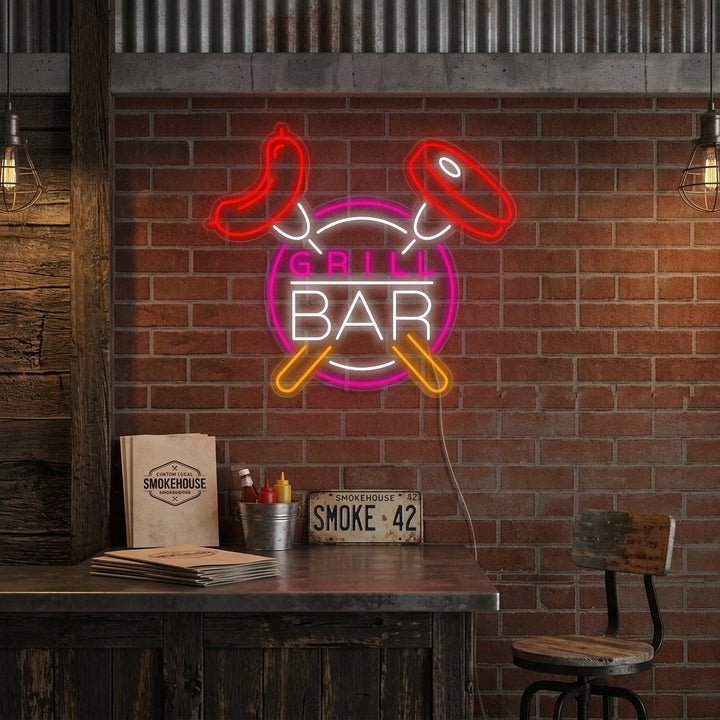 A glowing 'Grill Bar' neon sign prominently displayed above a smoking barbecue grill and rustic food preparation station, creating an authentic backyard BBQ atmosphere.