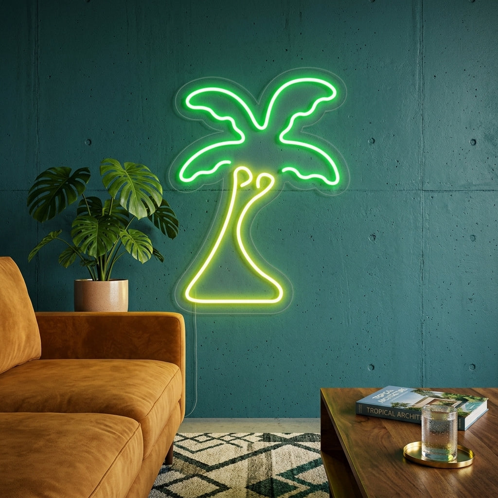 Palmtree neon sign glowing pink and green mounted on a textured wall in a modern living room