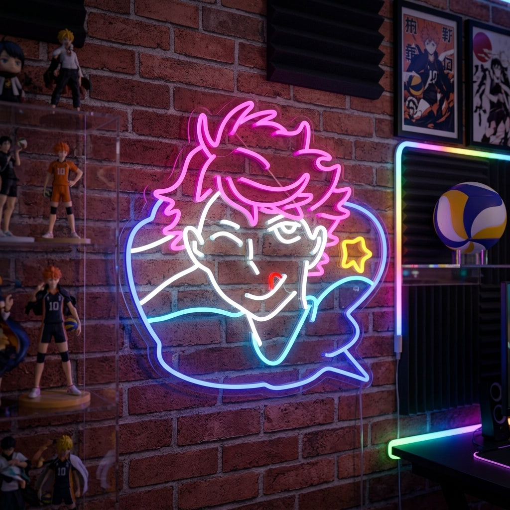 A glowing blue neon wall sign reading 'OIKAWA TOORU' in a stylized font, mounted above a shelf with anime merchandise.