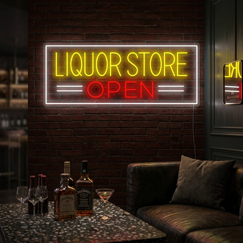 A bright, illuminated 'Liquor Store Open' neon sign displayed prominently above the entrance of an active bottle shop at dusk.