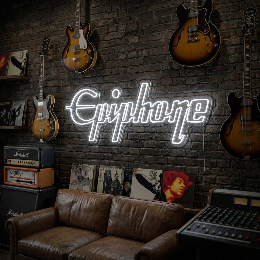 A glowing Epiphone neon sign featuring the classic script logo, mounted on a rustic wooden wall above a vintage electric guitar on a stand and a small amplifier.