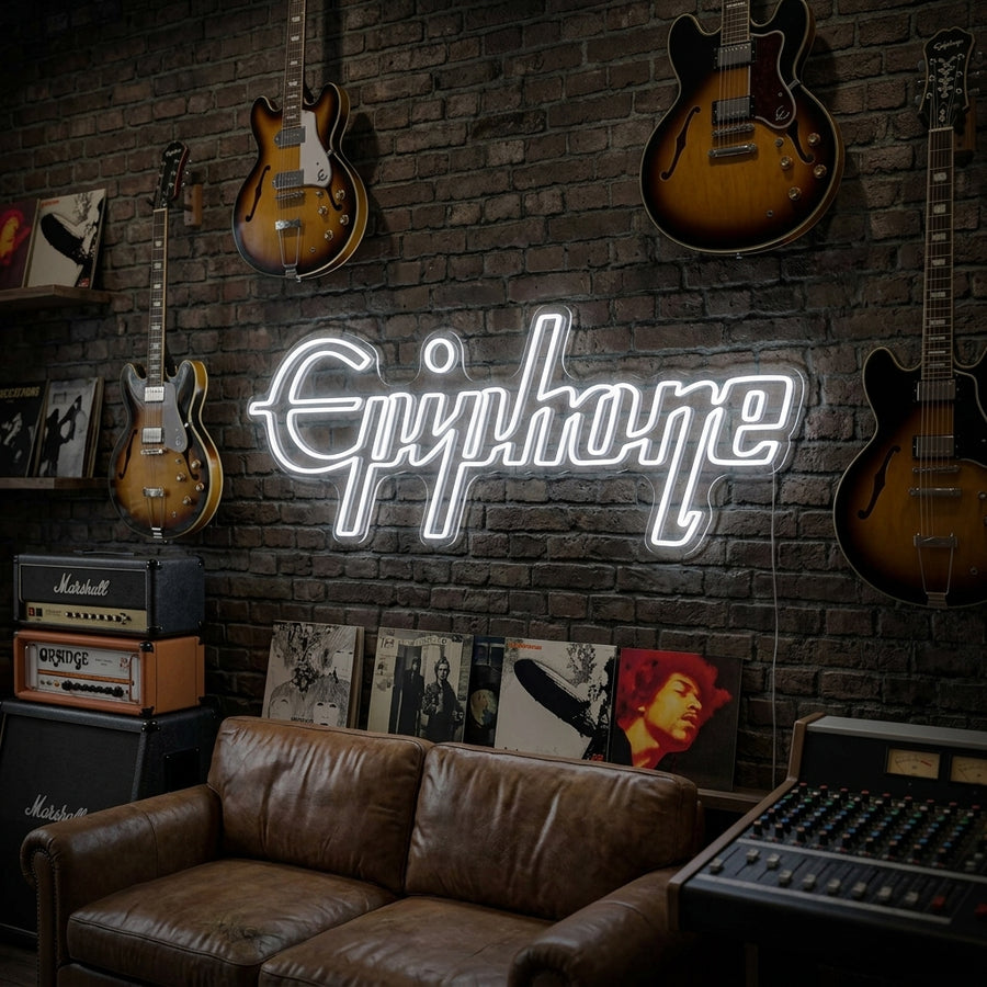 A glowing Epiphone neon sign featuring the classic script logo, mounted on a rustic wooden wall above a vintage electric guitar on a stand and a small amplifier.